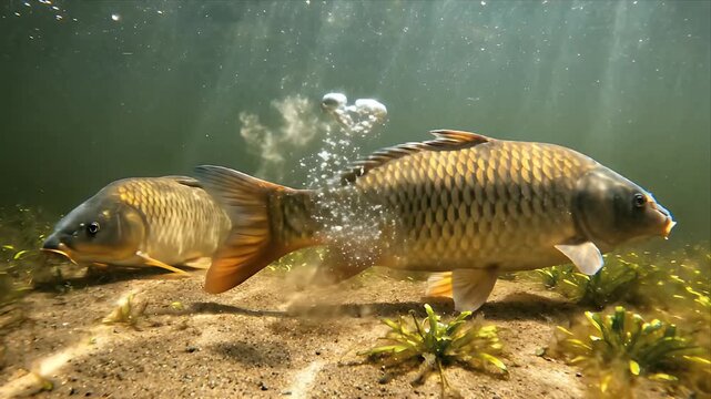 Two common carp Cyprinus carpio swim underwater near sandy bottom with aquatic plants sun rays illuminating murky water