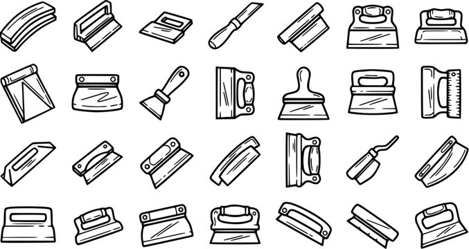 Construction Tools Line Art Icons: Trowels, Putty Knives, Scrapers - Vector Set