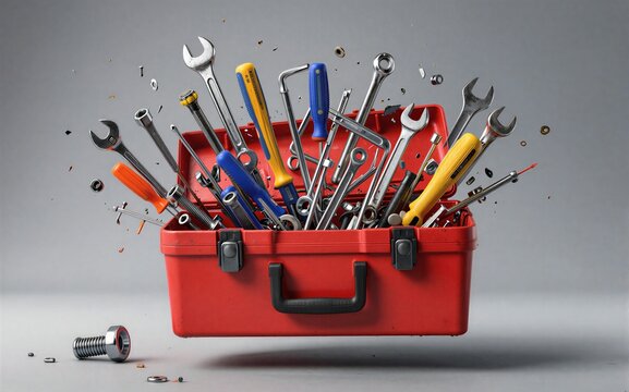 Red toolbox bursts open tools flying out in dynamic energetic