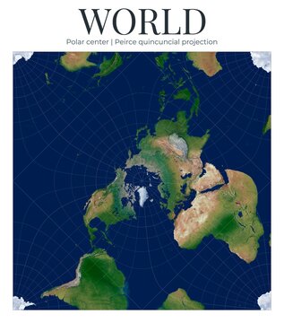World Map. Peirce quincuncial projection. Aesthetic square conformal layout. Polar center. High-detail physical map of Earth.