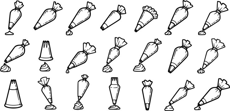 Food and Baking Industry Black and White Line Art Icons Set of Piping Bags with Pastry Cream. Outline Glyphs for Confectionery, Desserts, and Cake Decorating.