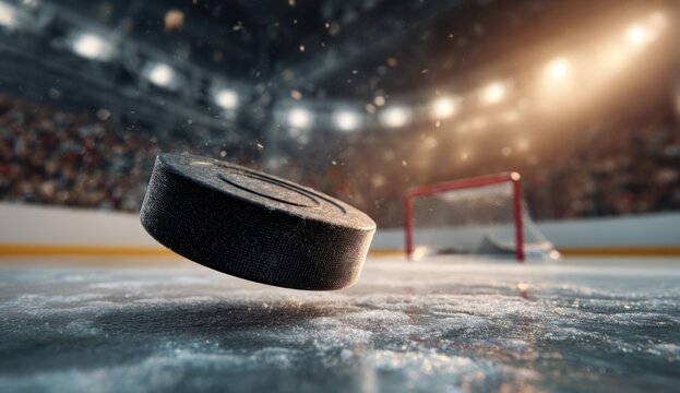 Hockey puck flying in front of goal at an ice rink during a game, with bright arena lights illuminating the scene