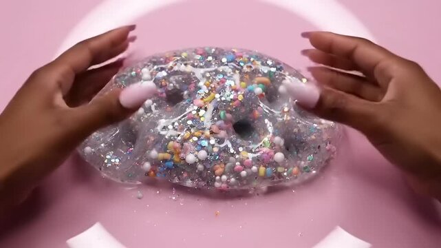 Close-up of hands playing with colorful glitter slime with small beads on a pink background