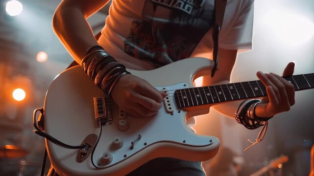 Rock concert featuring talented guitarists performing electrifying music on stage among vibrant lights and an enthusiastic crowd in a lively outdoor setting
