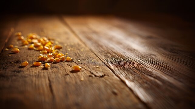 Yellow corn kernels scattered on rustic wooden surface with warm lighting creating a soft glow and highlighting textures of the wood background