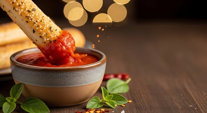Delicious breadstick dipped in rich tomato sauce, perfect for a tasty snack or appetizer.