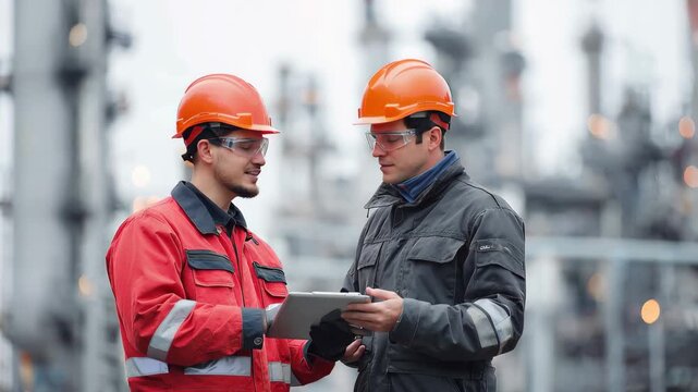 Engineers in reflective safety gear inspect equipment with a tablet at an industrial site during daylight hours for safety and operational standards