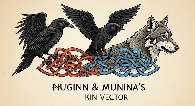 Dual black birds perch above interwoven knotwork alongside a wild canine profile