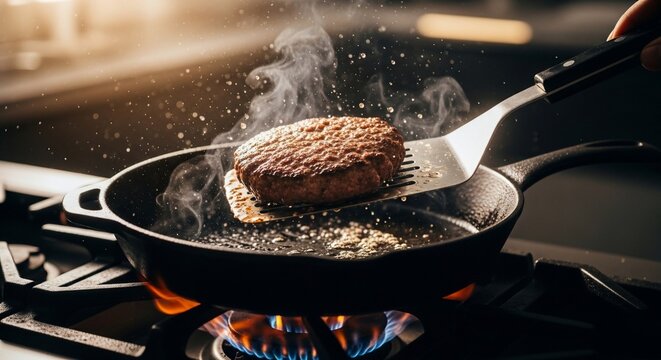 Burger cooking in pan