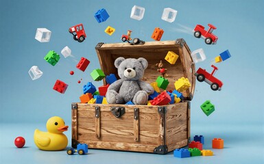 Naklejka premium Wooden chest overflowing with toys colorful blocks flying around.