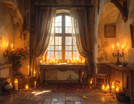 Candlelit room window interior