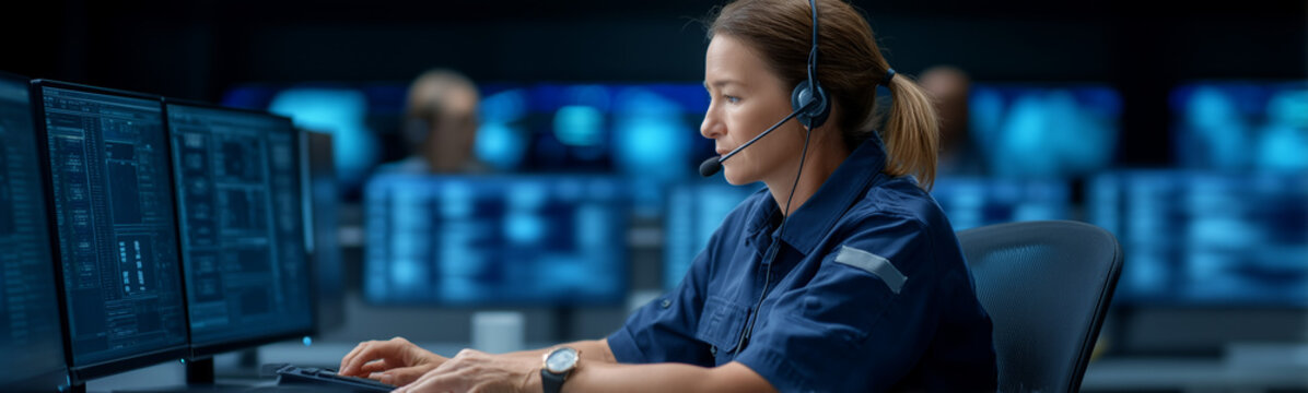 Control Center Operator: A focused woman wearing headset monitors complex systems in a control center, immersed in her crucial tasks, highlighting her dedication and expertise.