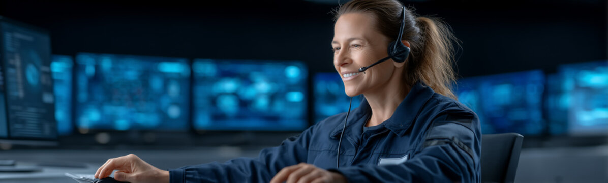 Tech Operator at Work: A focused tech operator in a modern control room, expertly managing systems while wearing a headset. A scene of proficiency and dedication. 