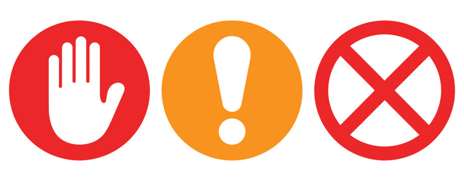 Set stop sign icon with hand, exclamation mark, and cross in circle, warning and restriction icons set, clean flat vector illustration