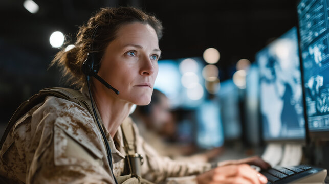 Focused Operator at Work: A determined individual, clad in a uniform and headset, intensely monitors the situation through an array of digital screens, demonstrating the blend of human and machine.