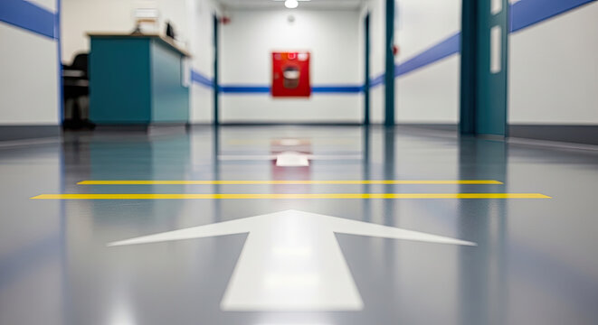 White arrow on floor in modern hospital hallway with yellow directional lines and blue wall accents