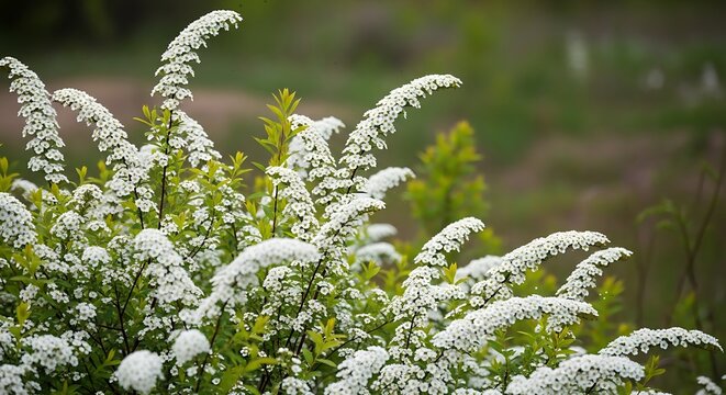 White blooming spirea flowers in garden.