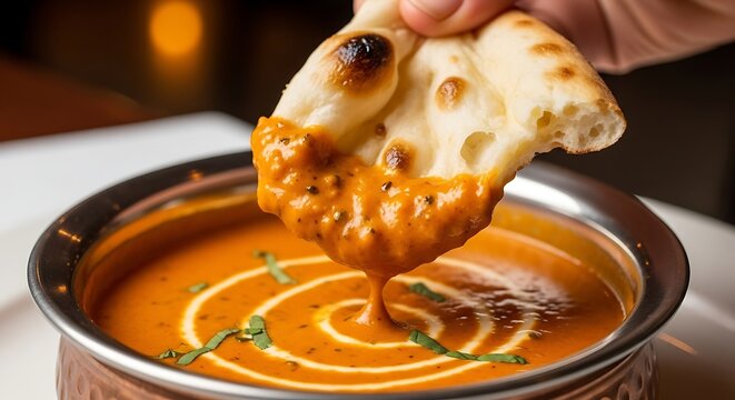 Delicious Indian Butter Chicken Curry with Naan Bread Dipping, Close-up Shot.