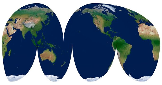 World Map. Goode interrupted Mollweide projection. Physical map of Earth in animation. Detailed globe view with equal area.