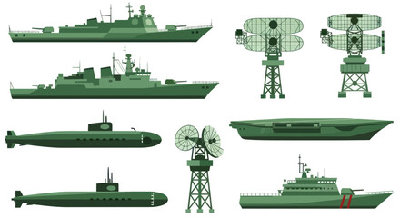Modern Military Naval Fleet Set: Warships, Submarines, Radar, Aircraft Carrier © oka