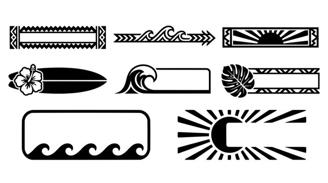 Black and white Hawaiian tribal vector set featuring blank text frames and banners with surfboard, monstera leaf, sunburst, and ocean waves silhouettes