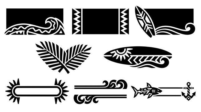 Black and white Hawaiian tribal vector set featuring text banners, decorated surfboards, hibiscus flower, palm leaves, ocean waves, shark, and anchor