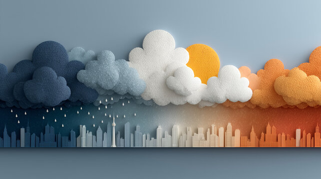 Weather Transition: A striking visual representation of changing weather conditions over a cityscape. From stormy, through clouds to sunny day with the weather change.
