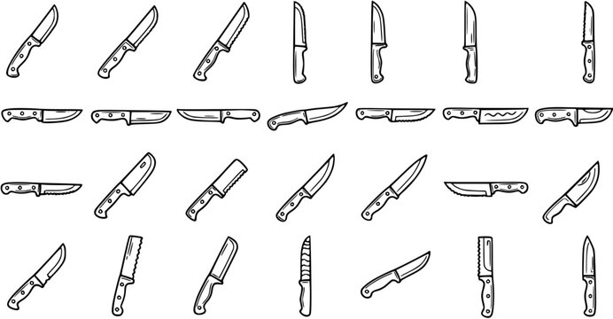 Hand-drawn Black and White Line Art Set of Various Knives for Kitchen, Food Preparation, and Utility Use