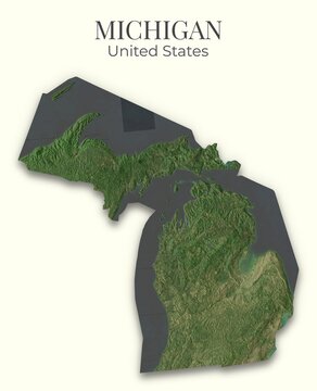 Michigan Shaded Relief Map. United States. Hillshaded physical map. Terrain illustration of Michigan. Elements of this image derrived from NASA imagery and SRTM dataset.