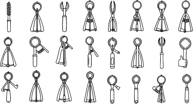 Kitchen Food Preparation Utensils Line Art Icons Set. Outline Vector Glyphs of Ice Cream Scoops, Melon Ballers, and Dishers for Cooking and Serving.