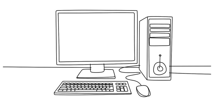 A simple hand drawn black and white sketch of a desktop computer with a monitor screen a keyboard and a computer mouse on a table surface