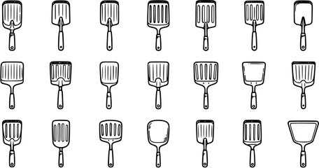 Black and White Line Art Kitchen Spatulas Icons Set. Hand-Drawn Collection of Cooking Utensils, Including Slotted and Solid Food Flippers. © victoria