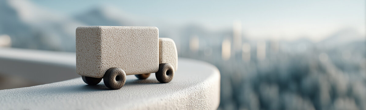 Tiny Truck's Journey: A miniature truck, crafted with subtle texture, sits perched on a high vantage point, with a misty cityscape and mountain landscape stretched out in the distance.