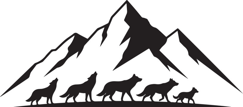 Black silhouette wolf pack, mountain range, vector icons, wildlife symbols, outdoor graphics