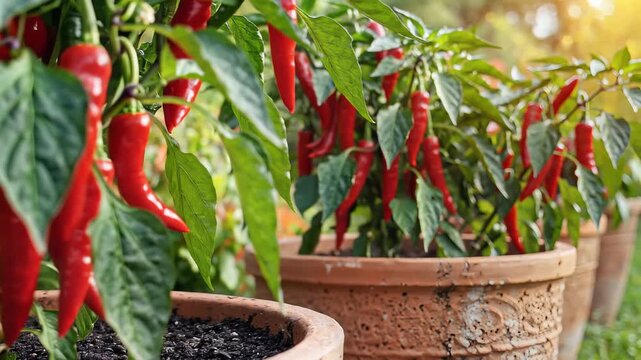 Row of Red Chili Pepper Plants Growing in Pots Outdoors.