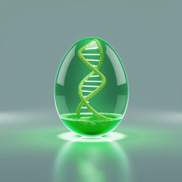 Genetic double helix suspended in glowing green liquid egg