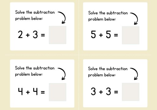 Simple subtraction math worksheet for kids to solve basic arithmetic problems.