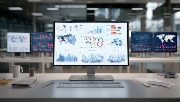 Modern office workspace showing computer monitor displaying infographic with data charts and graphs in a bright conference room