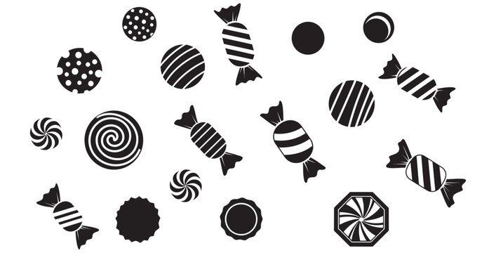 Collection of various black and white candy icons including wrapped sweets round candies with stripes dots and swirls perfect for festive design elements or sweet treats illustrations.