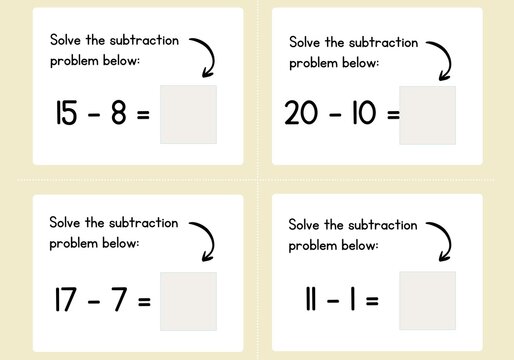 Simple subtraction math worksheet for kids to solve basic arithmetic problems.