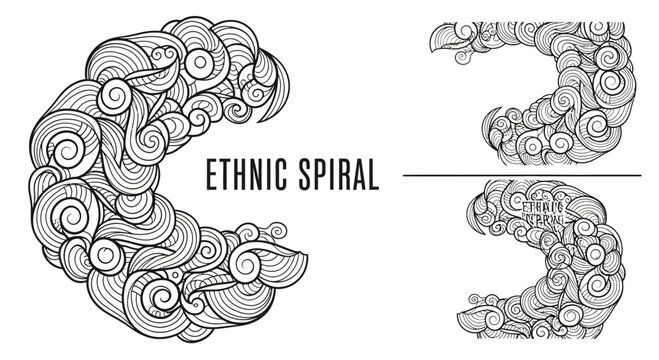 Set of Hand Drawn Ethnic Spiral Designs with Intricate Ornate Patterns.