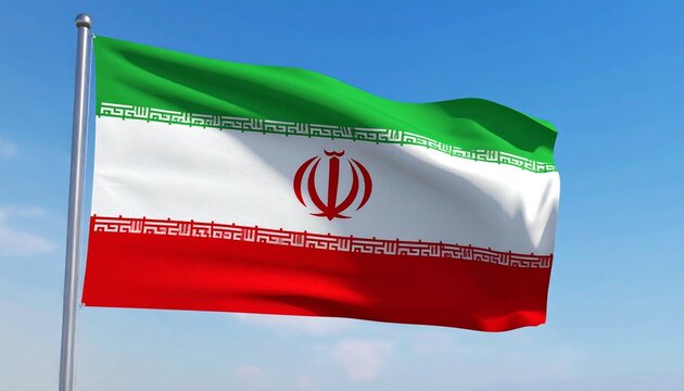 "Iran&rsquo;s green-white-red flag with central emblem and Kufic script borders, symbolizing faith, unity, resilience, and national identity in radiant abstract artistic composition."