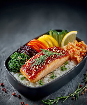 Healthy Korean-style salmon lunch box with pickles, kimchi, and fresh herbs