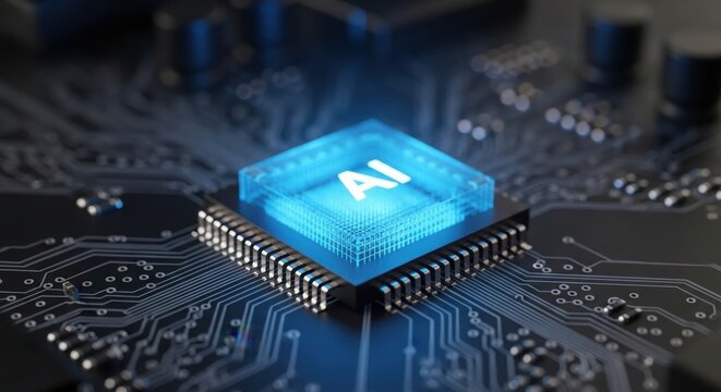 Close-up of AI chip with glowing blue artificial intelligence symbol, processor
