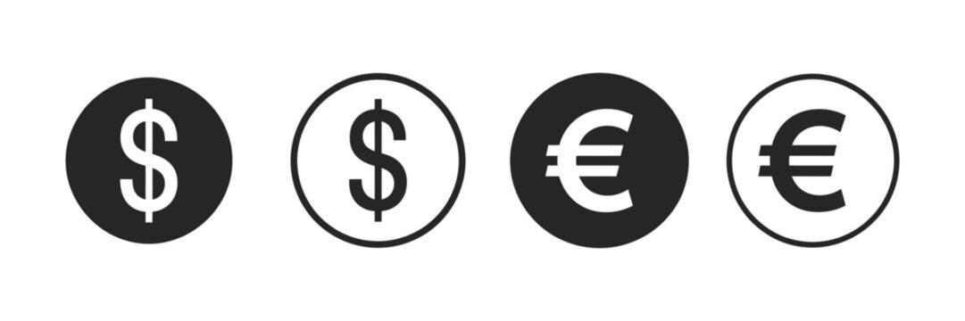 Dollar and euro currency icon vector set for global finance, business transactions, and currency exchange symbol design