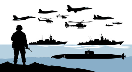 Military Fleet and Air Force Silhouette with Soldier - Naval and Aerial Power © panut