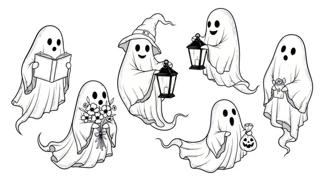 Cute Halloween Ghosts Collection: Reading, Flowers, Lanterns, Gifts