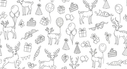 Seamless pattern with hand drawn reindeer gifts and festive elements. © Aagil_Umais