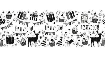 Seamless festive holiday pattern with reindeer gifts and cupcakes. © Aagil_Umais