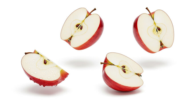 Four Ripe Red Apple Halves and Slices with Water Droplets Floating Against White Background